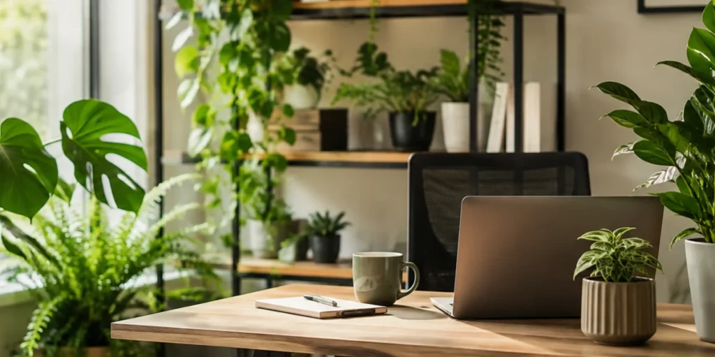 Indoor plants arranged in a home office