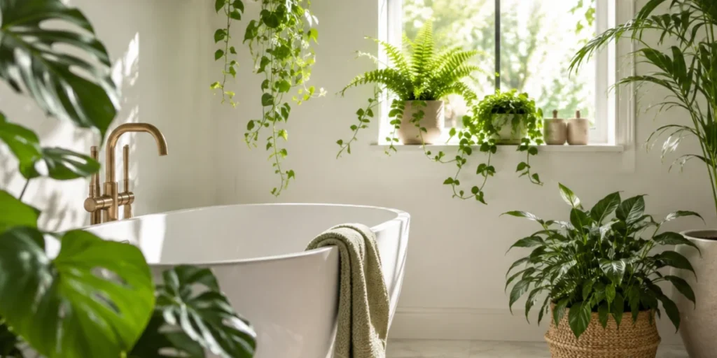 Indoor plants growing in a bright bathroom