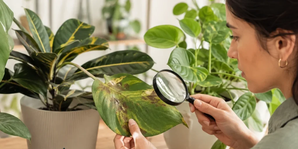Inspecting houseplants for common indoor plant care problems