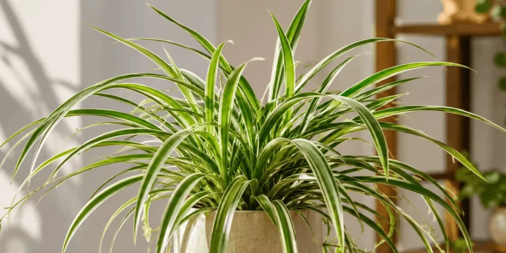Pet friendly spider plant in an indoor hanging planter