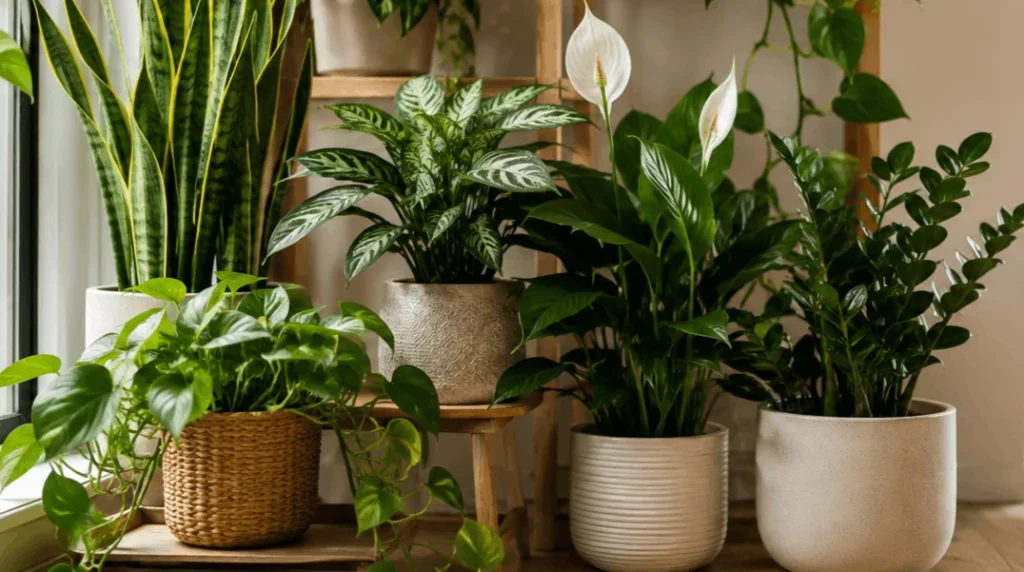 Indoor plants arranged in a low light home interior