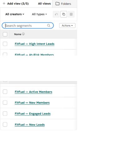 HubSpot inventory of six active FitFuel lifecycle segments