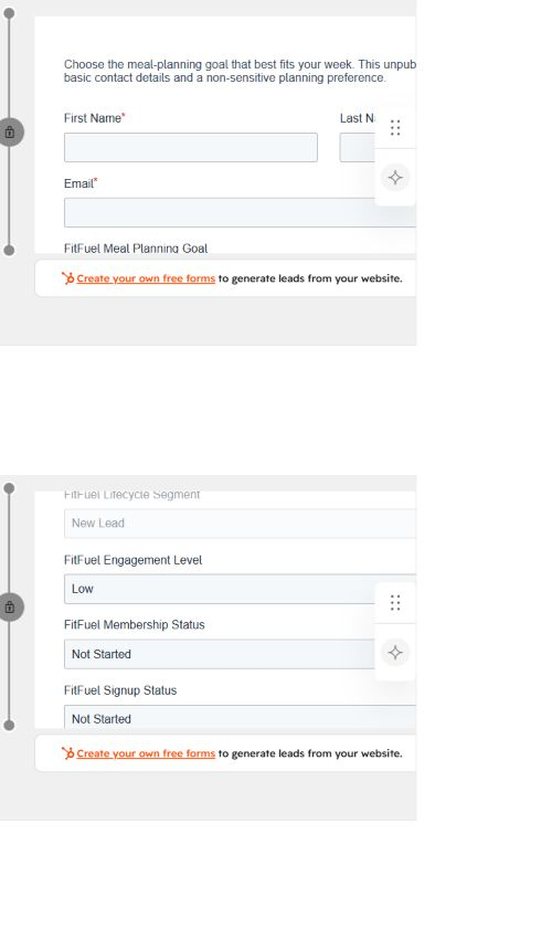 FitFuel lead-capture form and lifecycle default configuration in HubSpot