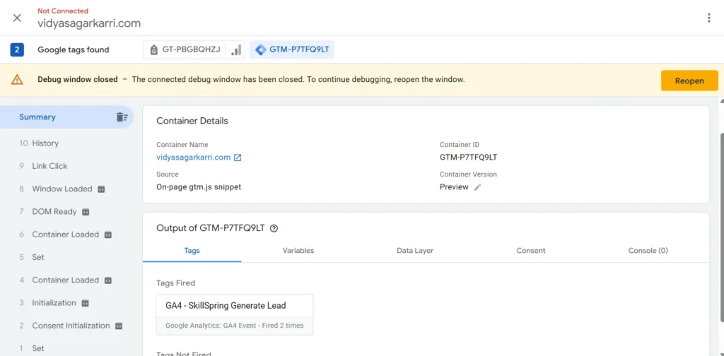 CTA interaction successfully triggered the SkillSpring GA4 lead event tag.