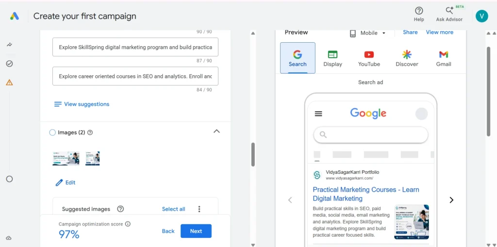 SkillSpring creative assets and campaign messaging configured within Google Ads.