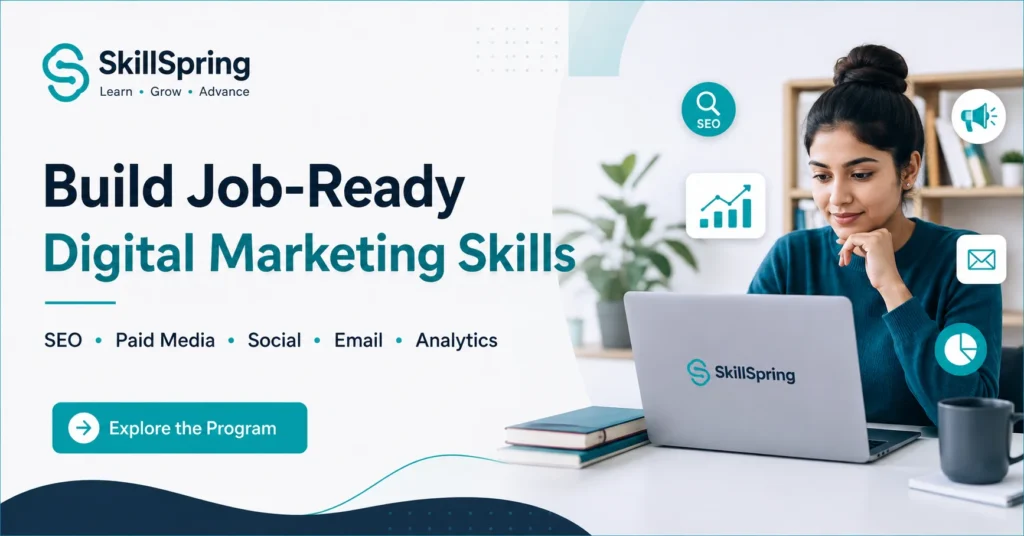Skillspring Academy marketing course promotional banner.