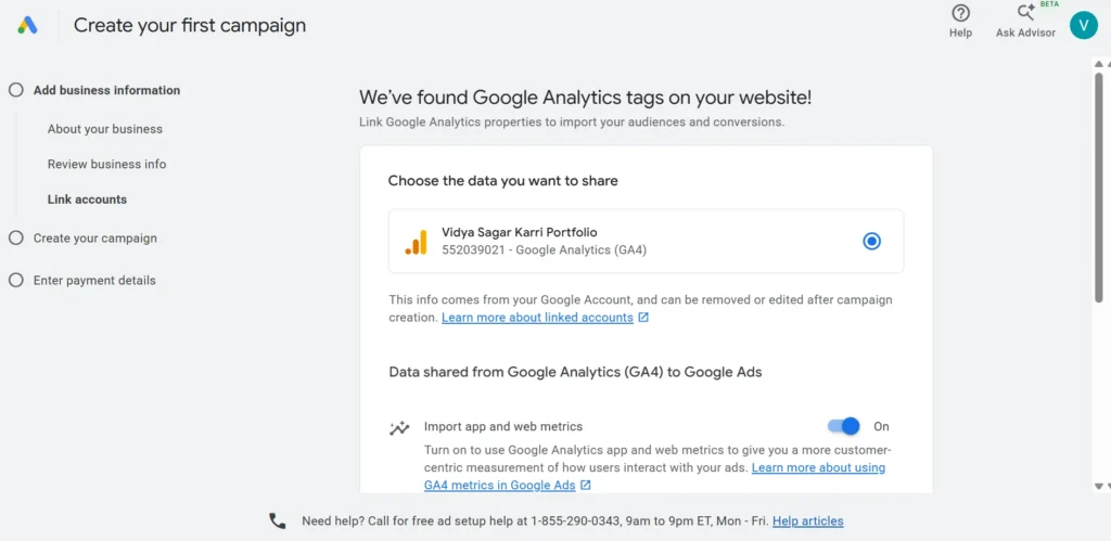The GA4 generate lead event was selected as the lead measurement action during campaign configuration.